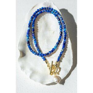 Necklace Blue Lapis Lazuli Beaded Gemstone Necklace Gold Toggle Clasp w/removabl